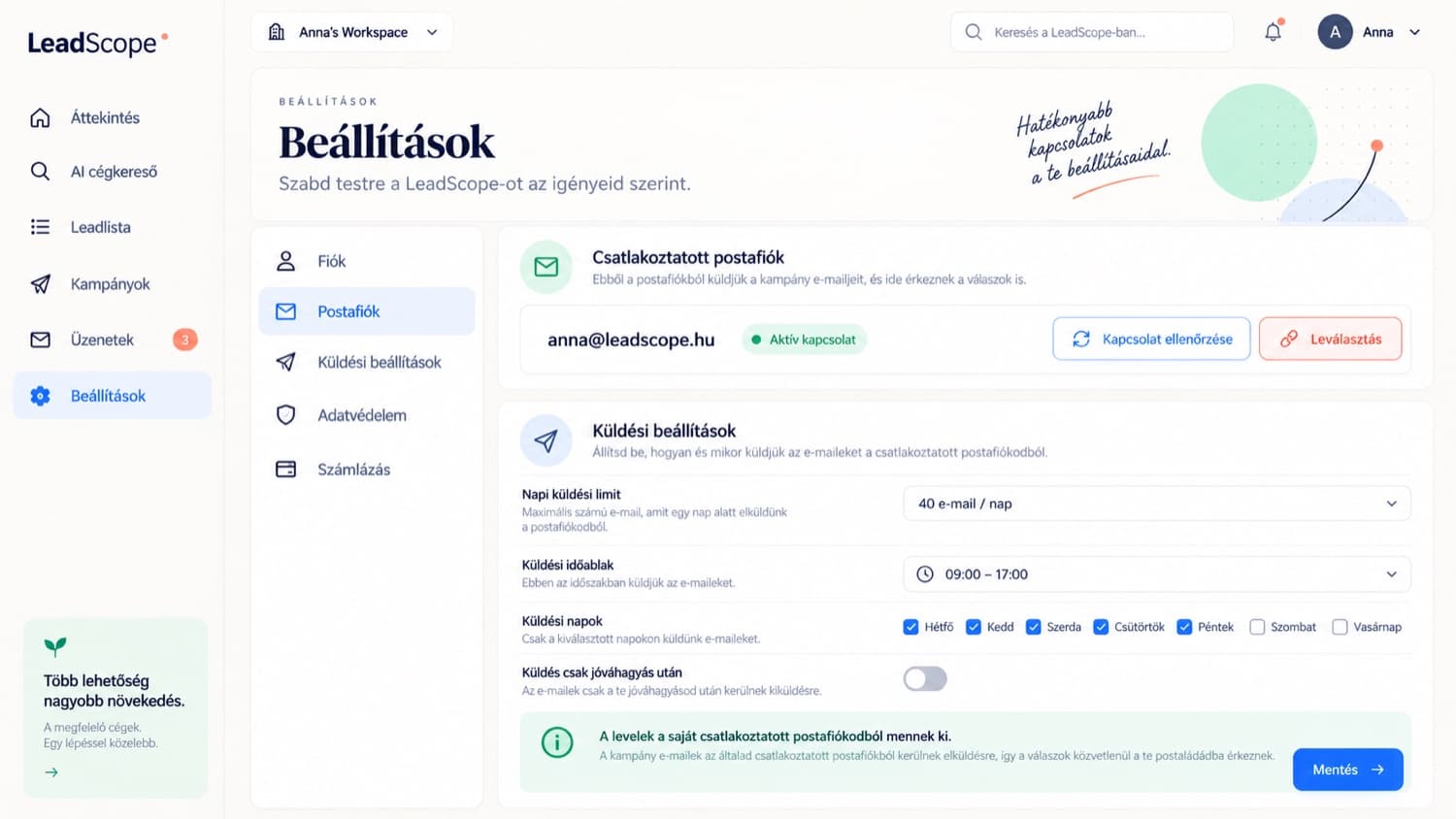 A LeadScope beállítások felülete a postafiókkal, napi limittel és küldési időablakkal